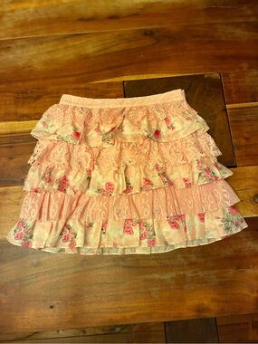LoveShackFancy Melrita Skirt in Pink Ivy Tiered Lace Mini Skirt